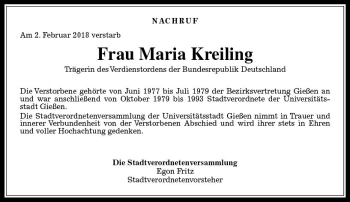 Traueranzeige von Maria Kreiling von  Gießener Anzeiger