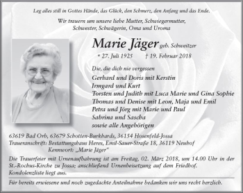 Traueranzeige von Marie Jäger von VRM Trauer
