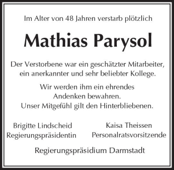 Traueranzeige von Mathias Parysol von Trauerportal Rhein Main Presse