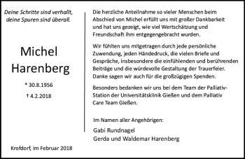 Traueranzeige von Michel Harenberg von  Gießener Anzeiger