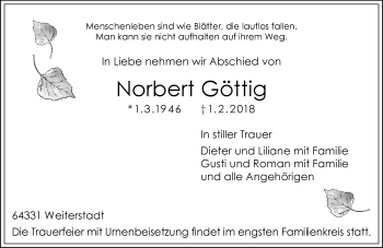 Traueranzeige von Norbert Göttig von Trauerportal Rhein Main Presse
