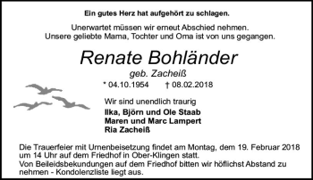 Traueranzeige von Renate Bohländer von Trauerportal Rhein Main Presse