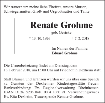 Traueranzeige von Renate Grohme von Trauerportal Rhein Main Presse
