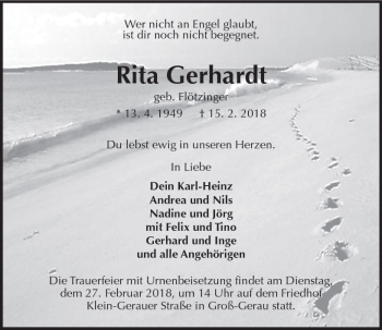 Traueranzeige von Rita Gerhardt von Trauerportal Rhein Main Presse