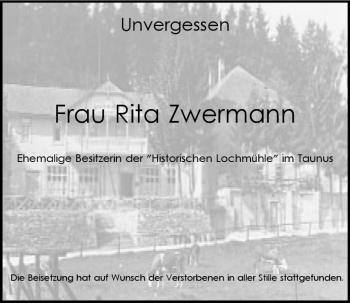 Traueranzeige von Rita Zwermann von  Usinger Anzeiger