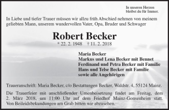 Traueranzeige von Robert Becker von Trauerportal Rhein Main Presse