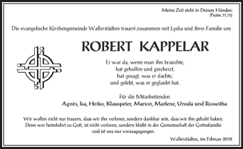 Traueranzeige von Robert Kappelar von Trauerportal Rhein Main Presse