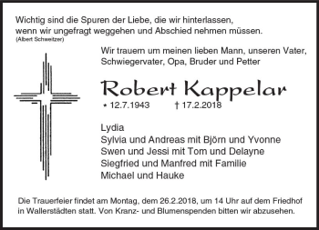 Traueranzeige von Robert Kappelar von Trauerportal Rhein Main Presse