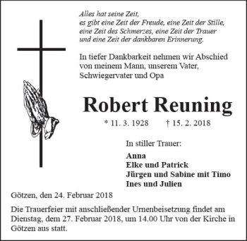 Traueranzeige von Robert Reuning von  Kreisanzeiger