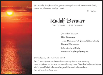 Traueranzeige von Rudolf Berauer von Trauerportal Rhein Main Presse