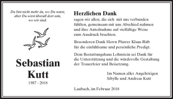 Traueranzeige von Sebastian Kutt von  Usinger Anzeiger