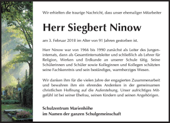 Traueranzeige von Siegbert Ninow von Trauerportal Rhein Main Presse