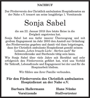 Traueranzeige von Sonja Sabel von Trauerportal Rhein Main Presse