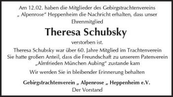 Traueranzeige von Theresa Schubsky von Trauerportal Rhein Main Presse