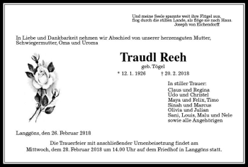 Traueranzeige von Traudl Reeh von  Gießener Anzeiger