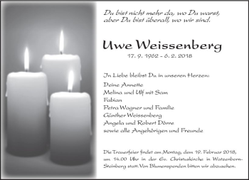 Traueranzeige von Uwe Weissenberg von  Gießener Anzeiger