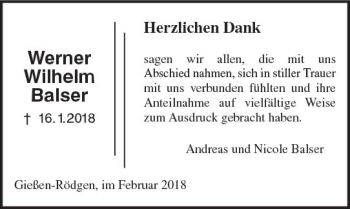Traueranzeige von Werner Wilhelm Balser von  Gießener Anzeiger