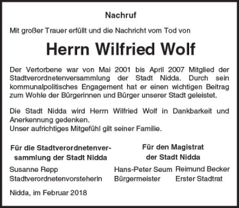 Traueranzeige von Wilfried Wolf von  Kreisanzeiger
