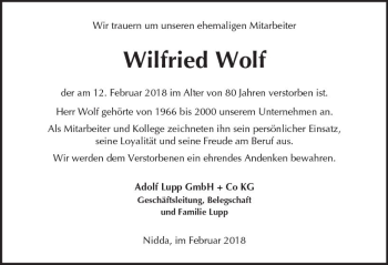 Traueranzeige von Wilfried Wolf von  Kreisanzeiger