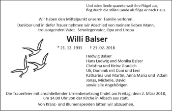 Traueranzeige von Willi Balser von  Gießener Anzeiger