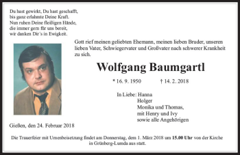 Traueranzeige von Wolfgang Baumgartl von  Gießener Anzeiger