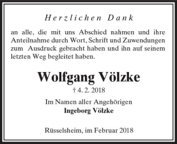 Traueranzeige von Wolfgang Völzke von Trauerportal Rhein Main Presse