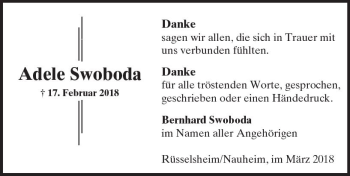 Traueranzeige von Adele Swoboda von Trauerportal Rhein Main Presse
