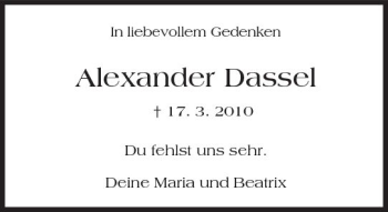 Traueranzeige von Alexander Dassel von Trauerportal Rhein Main Presse
