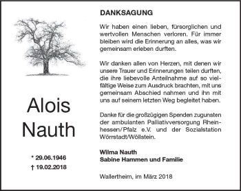 Traueranzeige von Alois Nauth von Trauerportal Rhein Main Presse