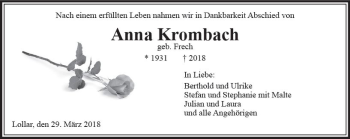 Traueranzeige von Anna Krombach von  Gießener Anzeiger