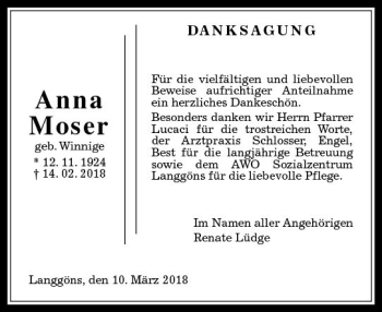 Traueranzeige von Anna Moser von  Gießener Anzeiger