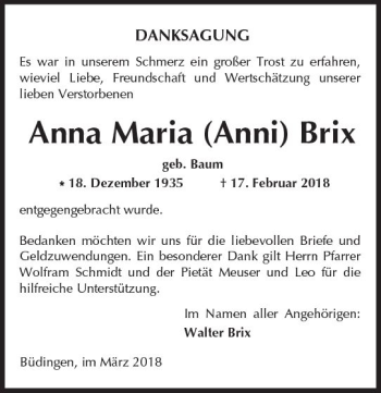 Traueranzeige von Anna Maria Birx von  Kreisanzeiger