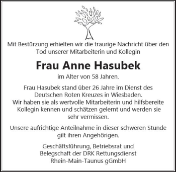 Traueranzeige von Anne Hasubek von Trauerportal Rhein Main Presse