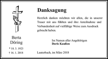Traueranzeige von Berta Döring von VRM Trauer