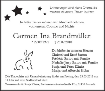 Traueranzeige von Carmen Ina Brandmüller von Trauerportal Rhein Main Presse