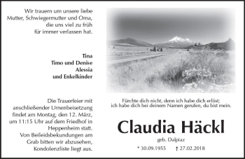 Traueranzeige von Claudia Häckl von Trauerportal Rhein Main Presse
