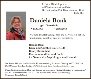 Traueranzeige von Daniela Bonk von Trauerportal Rhein Main Presse