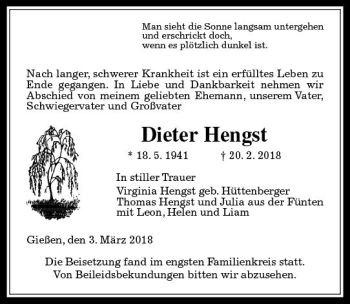 Traueranzeige von Dieter Hengst von  Gießener Anzeiger