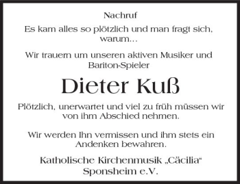 Traueranzeige von Dieter Kuß von Trauerportal Rhein Main Presse