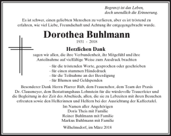 Traueranzeige von Dorothea Buhlmann von  Usinger Anzeiger