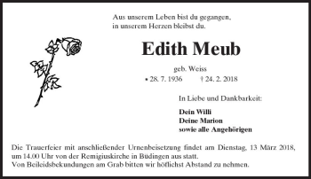 Traueranzeige von Edith Meub von  Kreisanzeiger