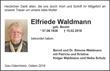 Traueranzeige von Elfriede Waldmann von Trauerportal Rhein Main Presse