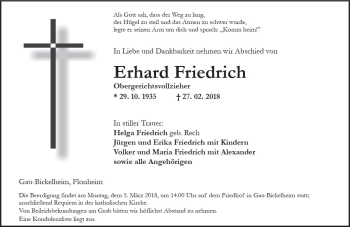 Traueranzeige von Erhard Friedrich von Trauerportal Rhein Main Presse