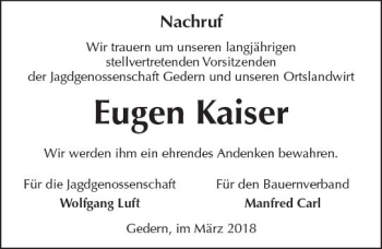 Traueranzeige von Eugen Kaiser von  Kreisanzeiger