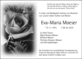 Traueranzeige von Eva-Maria Moeser von  Gießener Anzeiger