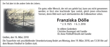 Traueranzeige von Franziska Dölle von  Gießener Anzeiger