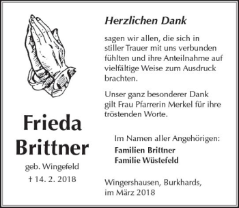 Traueranzeige von Frieda Brittner von  Kreisanzeiger