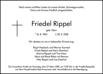 Traueranzeige von Friedel Rippel von Trauerportal Rhein Main Presse