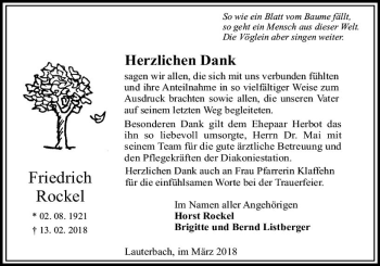 Traueranzeige von Friedrich Rockel von VRM Trauer