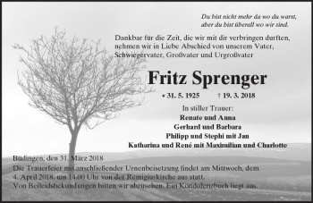 Traueranzeige von Fritz Sprenger von  Kreisanzeiger